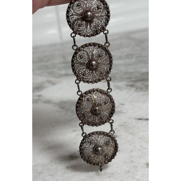 Antique Victorian Sterling Silver Filigree Flower Link Bracelet - Picture 6 of 9